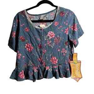 NWT VTG Floral Button Up Crop Top Ruffles‎ Short Sleeve Lace Blue Pink Sz L USA